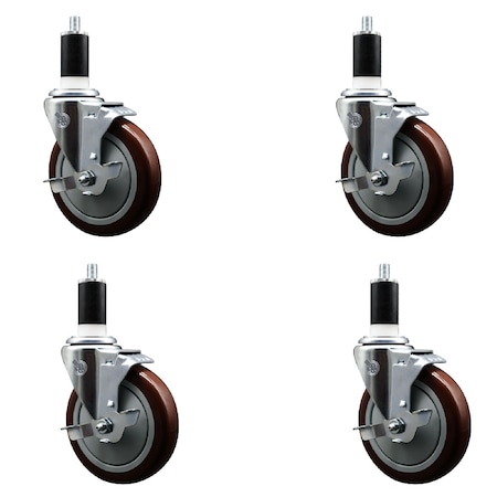Service Caster 5'' Maroon Poly Swivel 1-3/8'' Expanding Stem Caster Set with Brake, 4PK SCC-EX20S514-PPUB-MRN-TLB-138-4